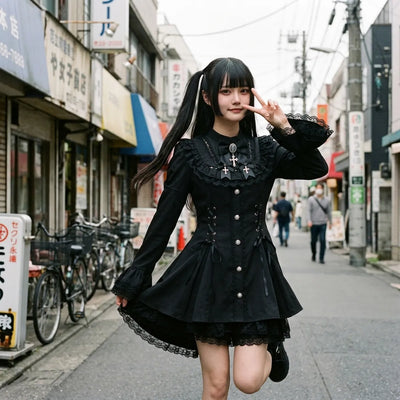 Harajuku gothic street look, the flared lace cuffs and the ruffled hem caught in movement