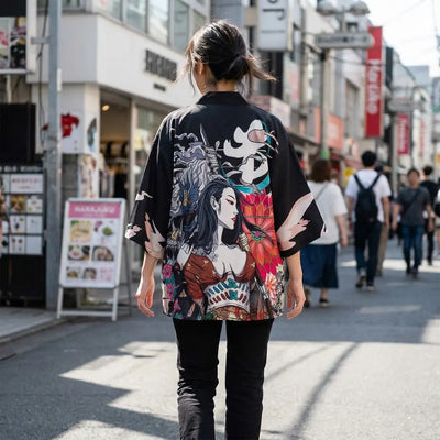 Woman seen from behind wearing a anime haori in a Harajuku street