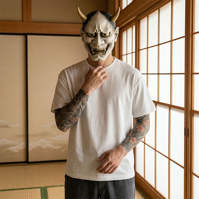 a man with a oni mask in a washitsu room wears a harajuku lover t-shirt