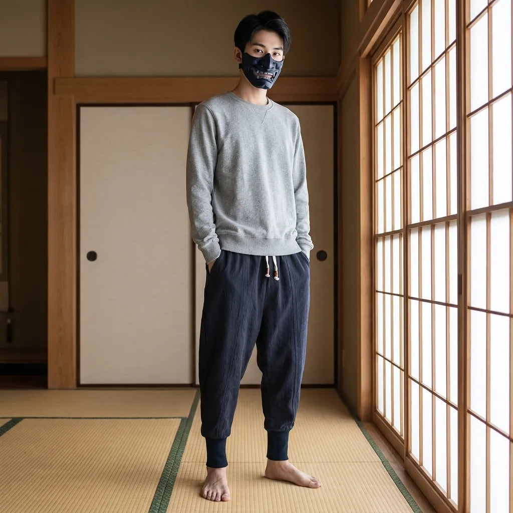 Person wearing a gray sweater and dark pants standing in a room with wooden floors and large windows.