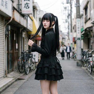 Harajuku street fashion outfit seen three quarters, the lace collar and button row in daylight