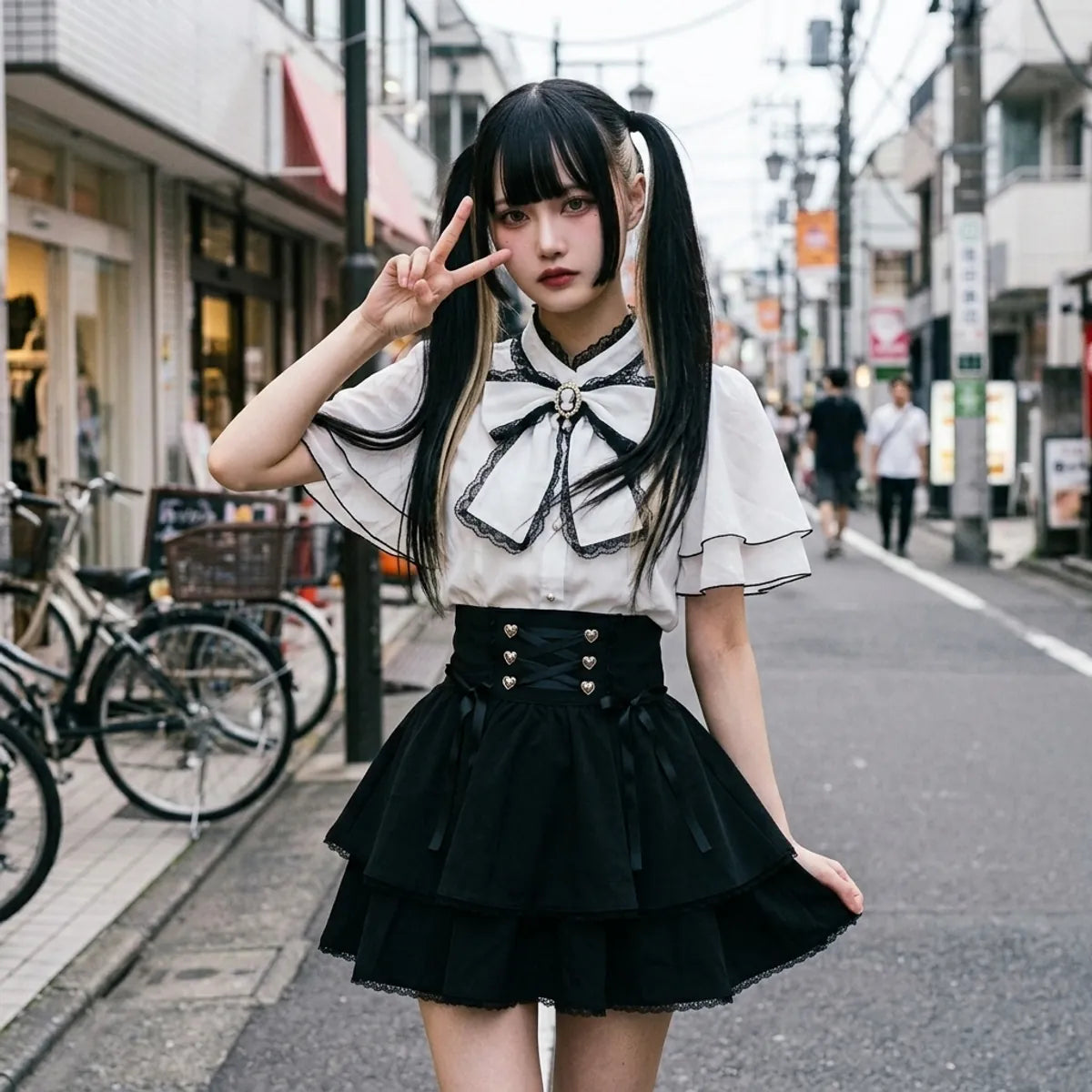 Harajuku street style outfit, the puffed sleeves and the tiered skirt caught mid step