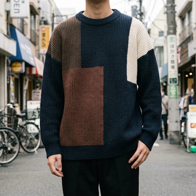 Sweater detail showing the cream triangular panel and reddish-brown block against the navy knit