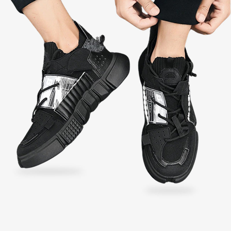 Those black Japanese shoes are Harajuku tennis shoes blending sporty comfort with colorful Japanese street style aesthetics.