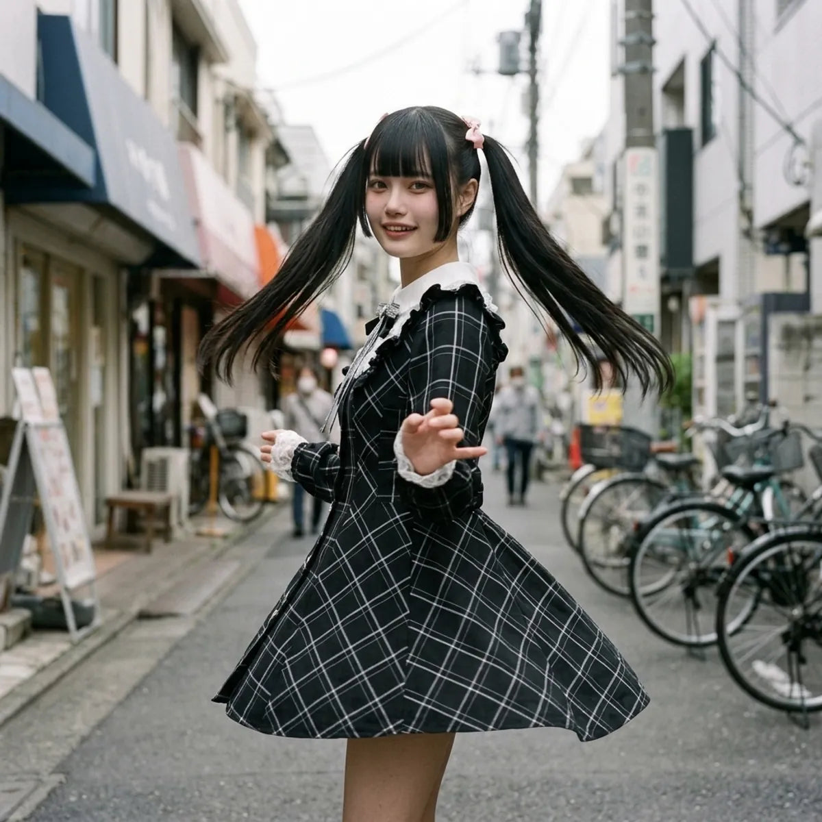 The check dress worn seated on a low step in Harajuku, the skirt and lace cuffs visible
