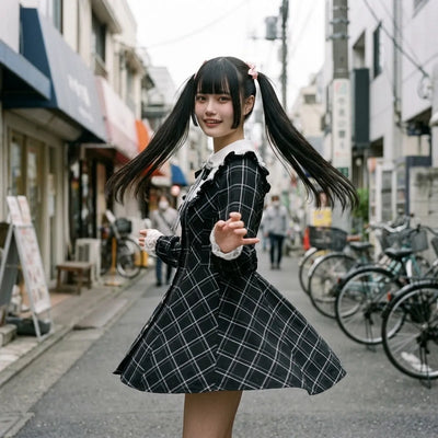 The check dress worn seated on a low step in Harajuku, the skirt and lace cuffs visible