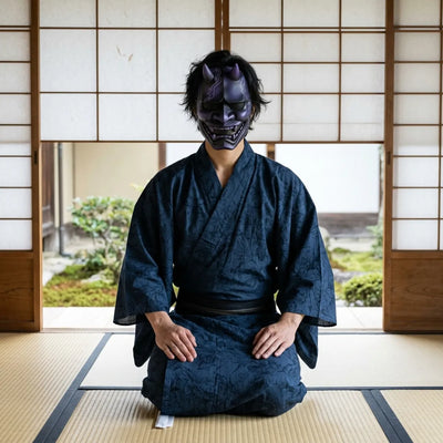 Angled view of the oni mask at rest, revealing the hinged articulated side flaps and slotted strap holes at each temple.