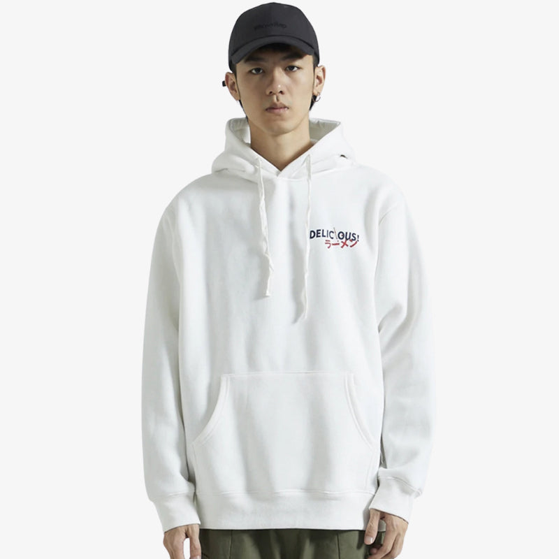 Person wearing a white hoodie Tokyo men with text on a plain background