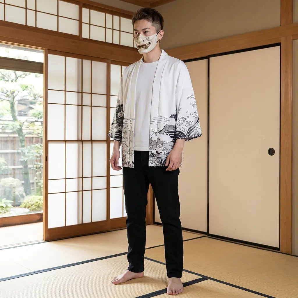 Man wearing a kimono dragon in a traditional Japanese washitsu room, front view