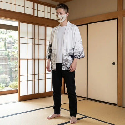Man wearing a kimono dragon in a traditional Japanese washitsu room, front view