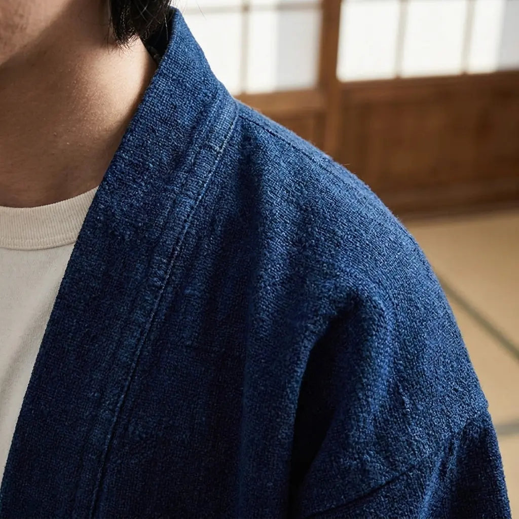 Close-up of the printed fabric and sleeve of a vintage haori jacket
