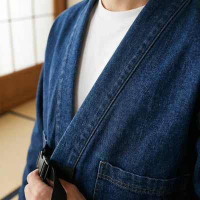 Close-up of the printed fabric and sleeve of a blue haori