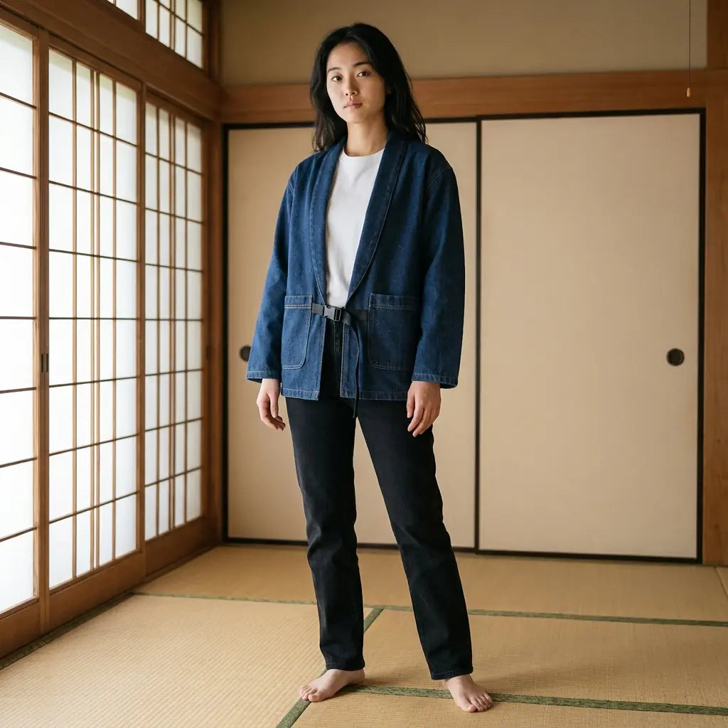 Woman wearing a blue haori in a washitsu room with tatami and shoji screens