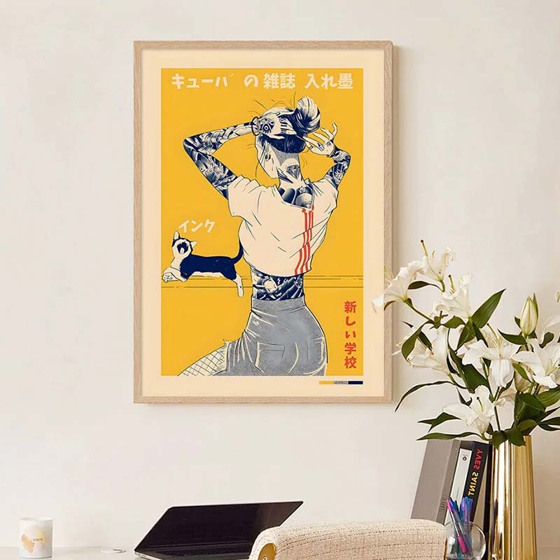 On this Japanese-style irezumi painting, a woman ties her hair. The printed canvas is a wall decoration for fans of Japan.