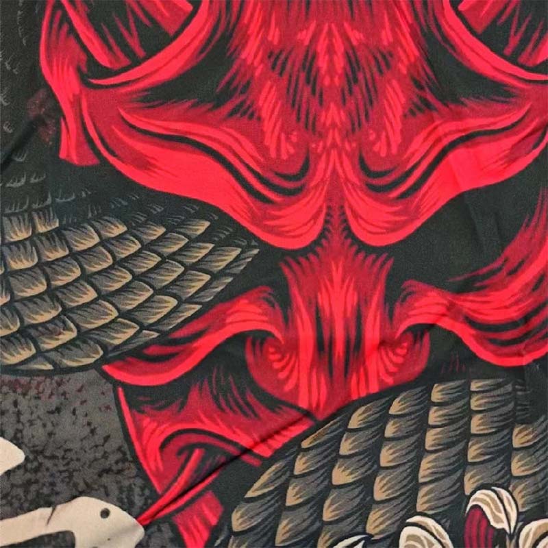 This irezumi demon pattern yokai kimono is printed with a red japanese oni demon and a snake