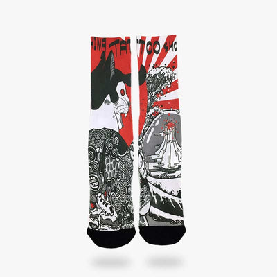 The Japanese Tattoo sock is red with a maneki neko cat with Yakuza irezumi tattoos on the back. Comfortable cotton Irezumi socks