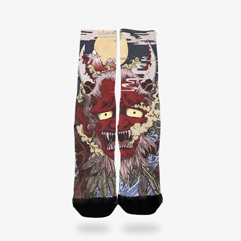 A pair of Irezumi tattoo socks with a drawing of the Japanese demon Oni showing ascended fangs in the moonlight
