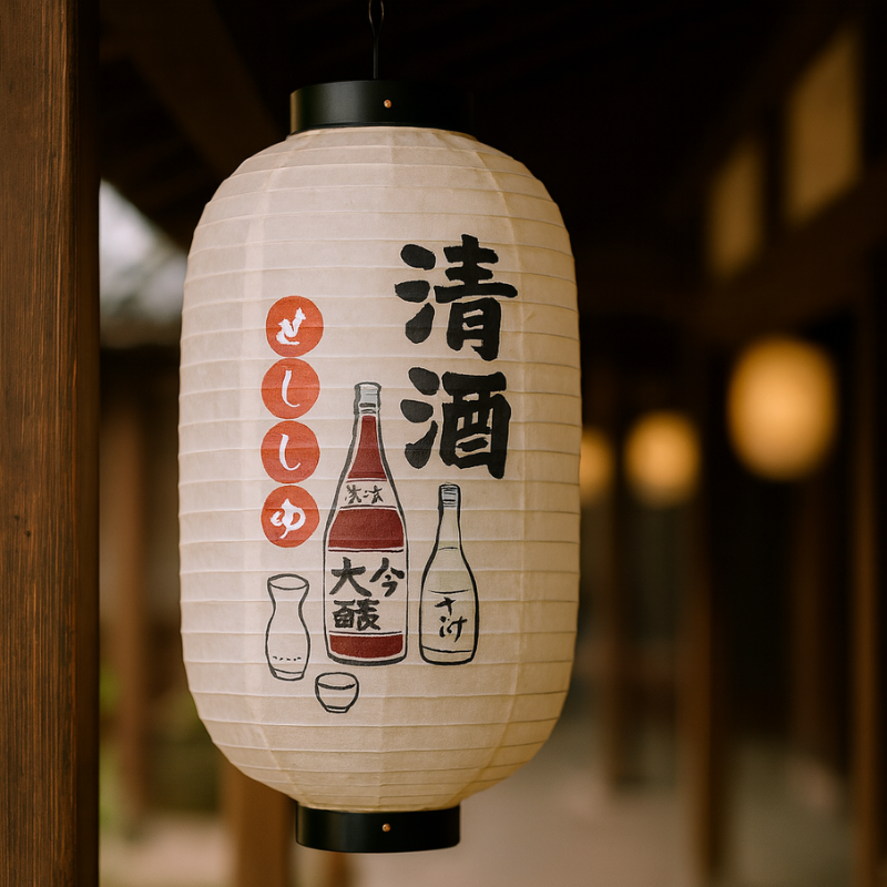 Traditional Japanese paper Izakaya lantern with sake illustrations and text