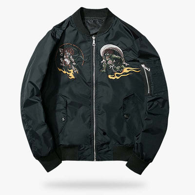 This jacket bomber sukajan is black with japanese gods embroidered (fujin and raiju)