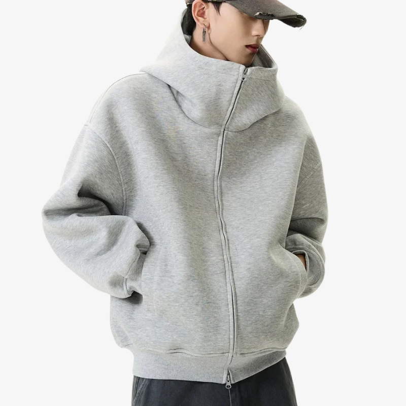 Jacket Harajuku style featuring unicolor gry color hoodie jaclet and trendy japanese streetwear cuts from Japan’s famous fashion district