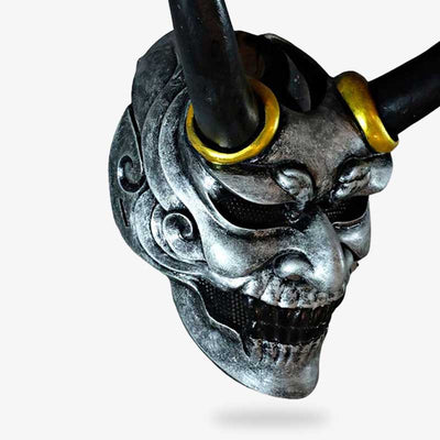 Japan Oni mask with horns and teeth. Japanese horror mask. Japanese oni mask made with high quality material by a craftmen. Oni mask is paint with silver, gold and black color