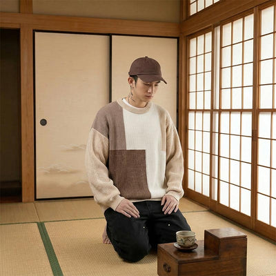 Person sitting on the tatami floor in a traditional Japanese room with wooden sliding doors and tatami mats. He wears a japan sweater and a hat