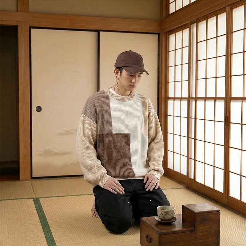 Person sitting on the tatami floor in a traditional Japanese room with wooden sliding doors and tatami mats. He wears a japan sweater and a hat