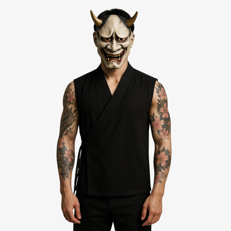 a man with irezumi tattoo is dressed with a traditional japan t-shirt without sleeves. The black t-shirt is made with cotton