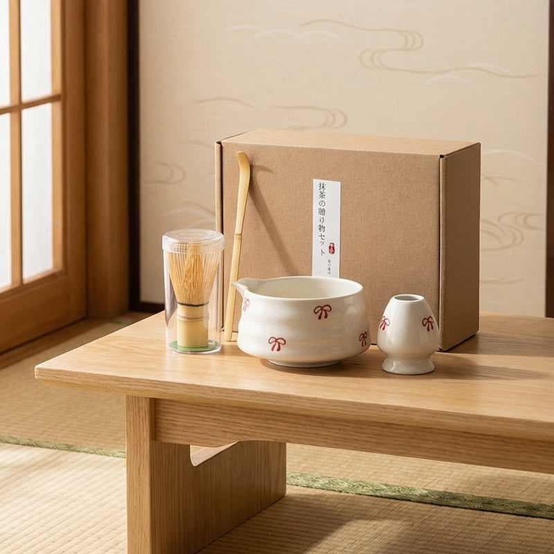 a Japan Tea-making set with a box on a wooden table in a traditional Japanese room.