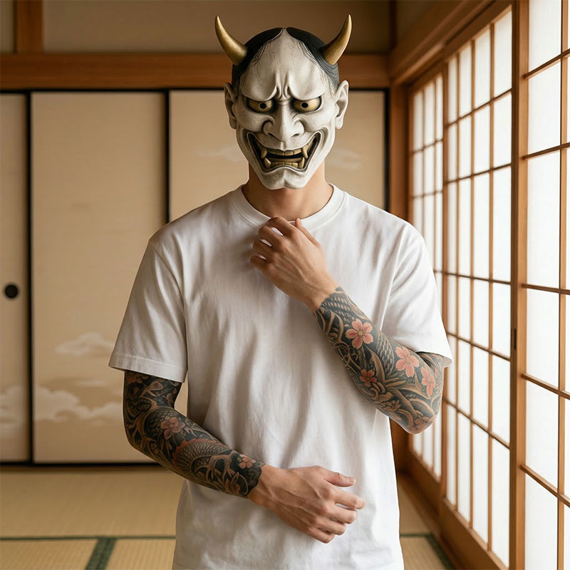 Person wearing a traditional Japanese mask indoors with tatami flooring and a japan white t-shirt