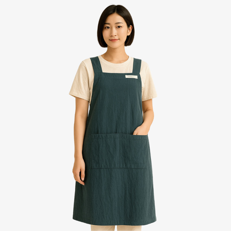 Japanese apron cross back model made from quality linen and cotton, designed for comfort, functionality, and traditional aesthetic appeal.