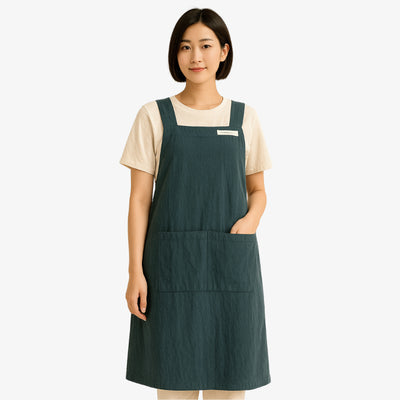 Japanese apron cross back model made from quality linen and cotton, designed for comfort, functionality, and traditional aesthetic appeal.