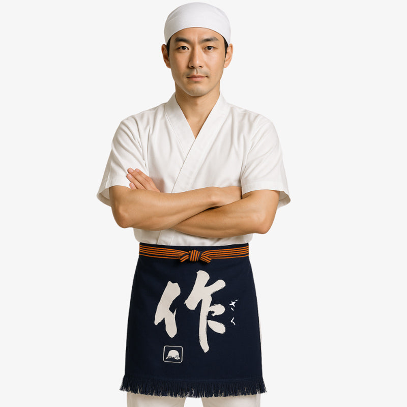 Japanese apron for men in navy cotton with white kanji, Maekake style; combining cultural heritage and practical durability.