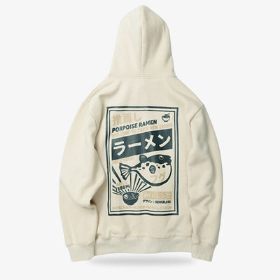 Japanese Beige hoodie with a Ramen graphic design on the back featuring text and a fish illustration.