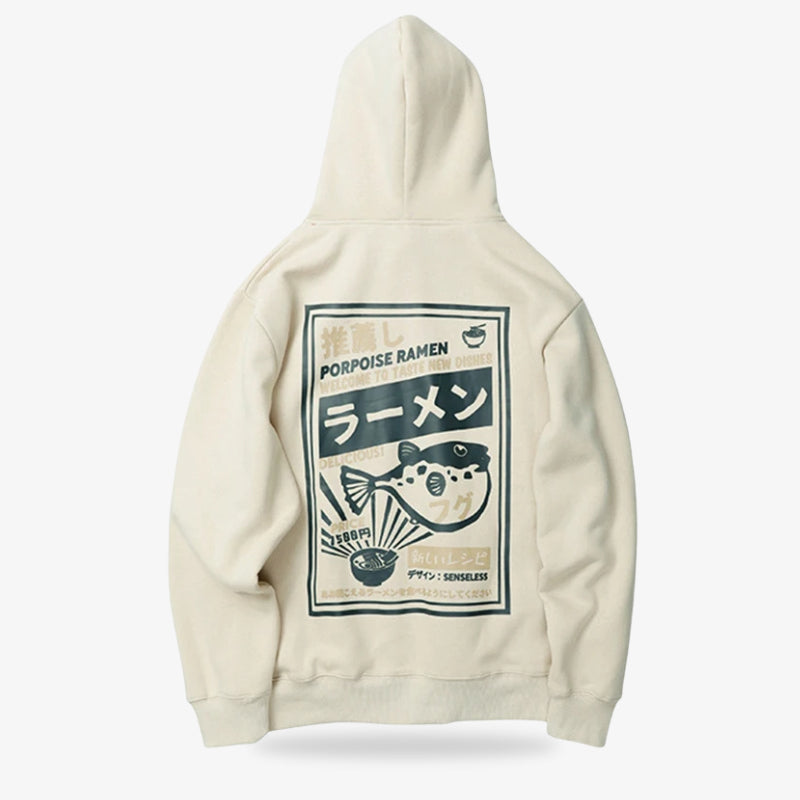 Japanese Beige hoodie with a Ramen graphic design on the back featuring text and a fish illustration.