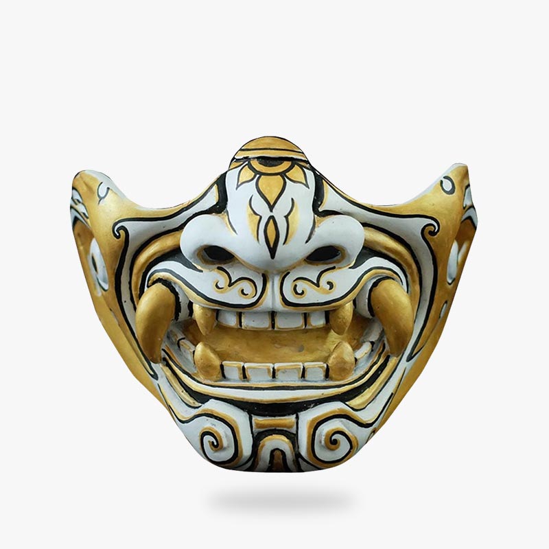 Jaapanese Black and gold oni mask made with fiberglass and handmade paintings. Samurai