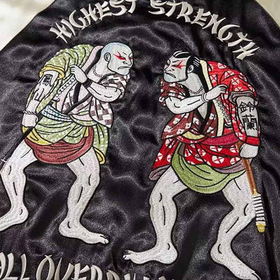 Japanese bomber jacket featuring an embroidered design of two sumo wrestlers in ukiyo-e style, celebrating traditional Japanese culture and artistry.