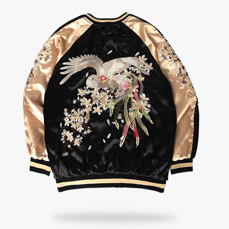 This japanese bomber jacket women outfit embroidered on the back with a bird pattern and sakura flowers. It's a black Japanese coat with long sleeves in black and gold.