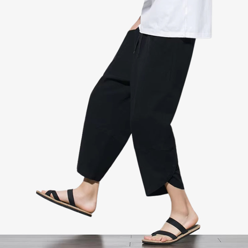 a black cotton Japanese casual fashion pants offering comfortable wear and modern design influenced by traditional clothing.