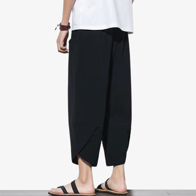 Black color Japanese casual hippie pants with loose cuts and natural fabrics, perfect for laid-back, bohemian-inspired looks.