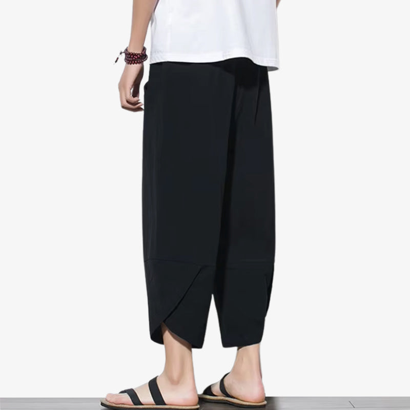 Black color Japanese casual hippie pants with loose cuts and natural fabrics, perfect for laid-back, bohemian-inspired looks.