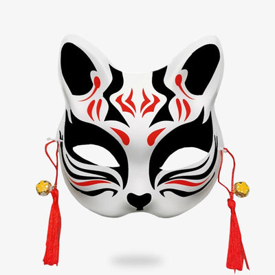 THe japanese cat mask is white color and black. It is a matsuri accessory. This Japanese mask is hand-painted