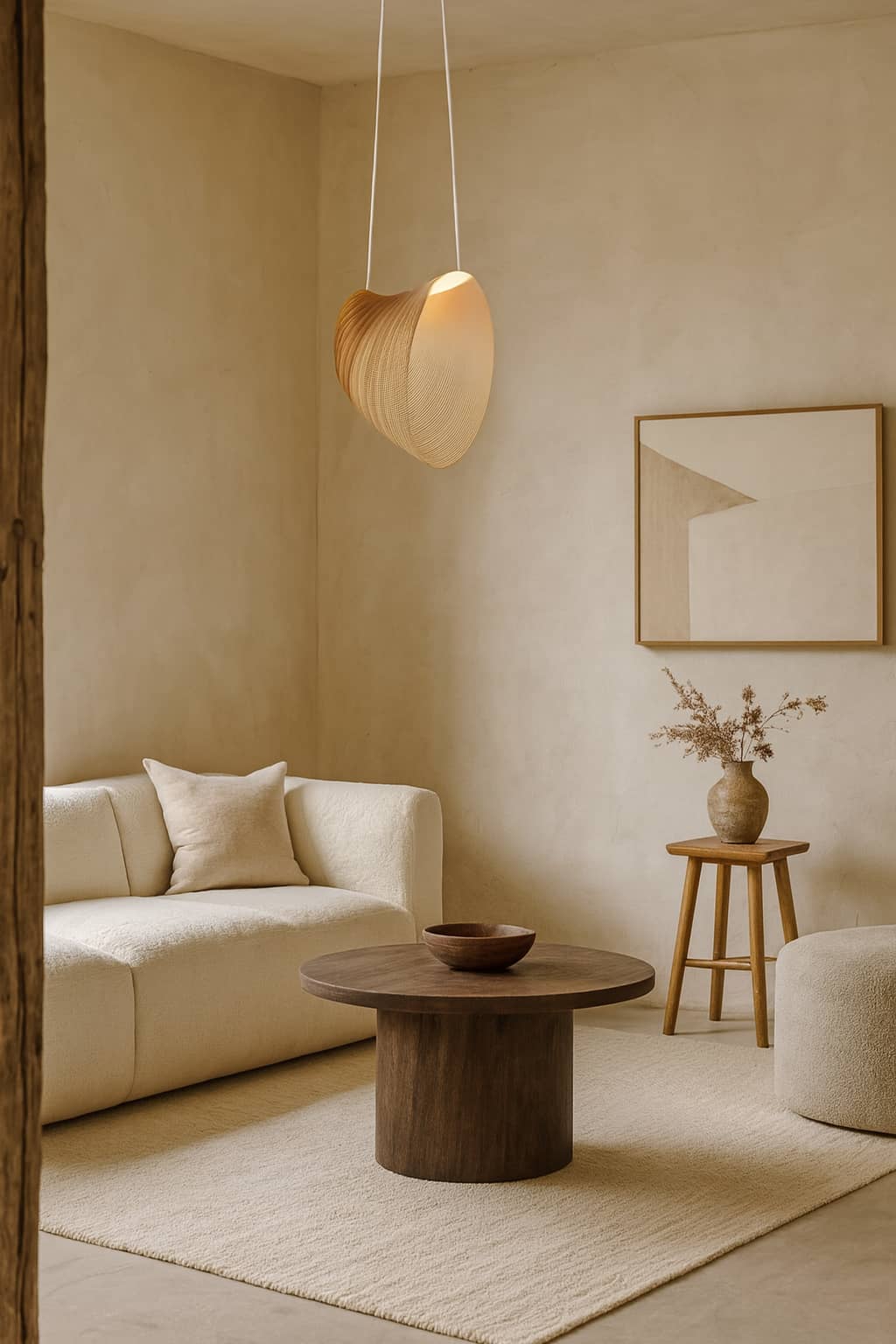 Modern living room with a beige sofa, wooden coffee table, and pendant japanese ceiling lamp for sale.