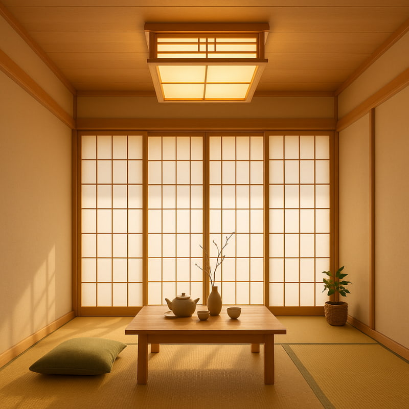 japanese ceiling lamps in a Japandi room with wooden table, matchat tea set, and plants.