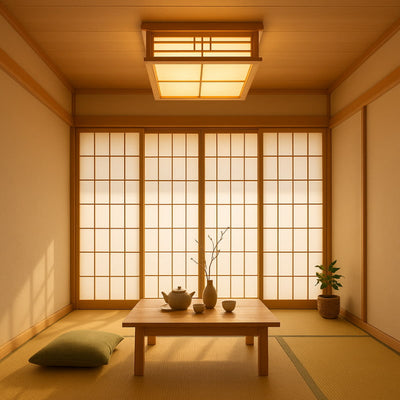 japanese ceiling lamps in a Japandi room with wooden table, matchat tea set, and plants.