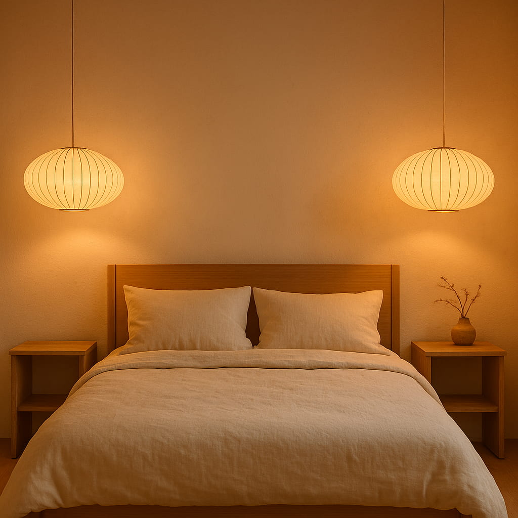 Bedroom with wooden headboard, beige bedding, and two japanese chandelier modern hanging lights casting a warm glow.