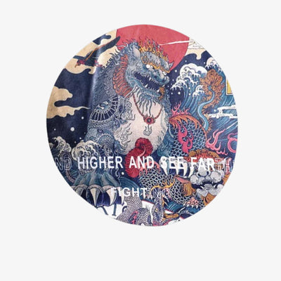 Decorative Japanese colorful print plate with a dragon design and motivational text on a white background for a japanese hoodie