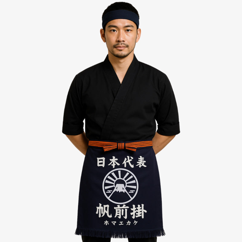 Japanese cooking apron in navy Maekake style, crafted from premium thick cotton and adorned with bold white kanji for traditional culinary use.