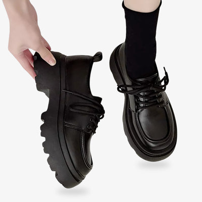 Japanese cosplay school shoes in black with a 5cm platform, made from imitation leather with durable rubber soles, perfect for a traditional Japanese uniform outfit.