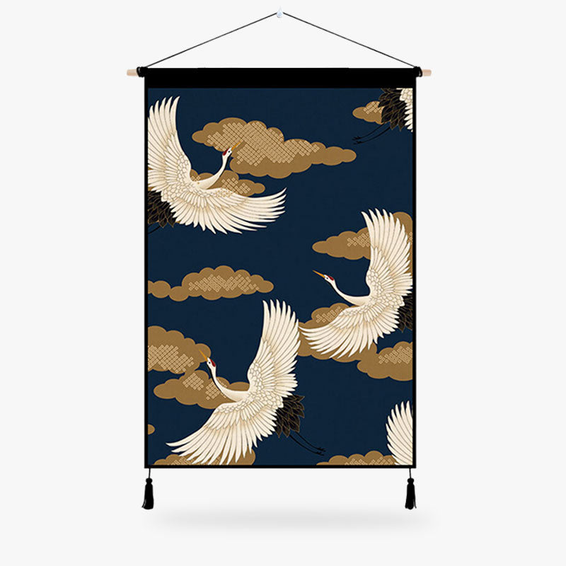 This Japanese crane print fabric is a kakemono canvas with a boit stand. Tsuru motif printed on canvas